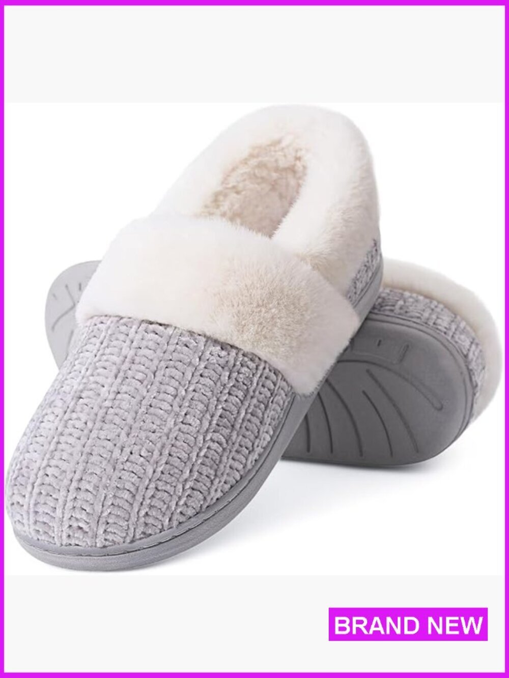 Fuzzy Memory Foam Slippers, Closed Back Knit Bedroom Shoes, Slip-On Warm House